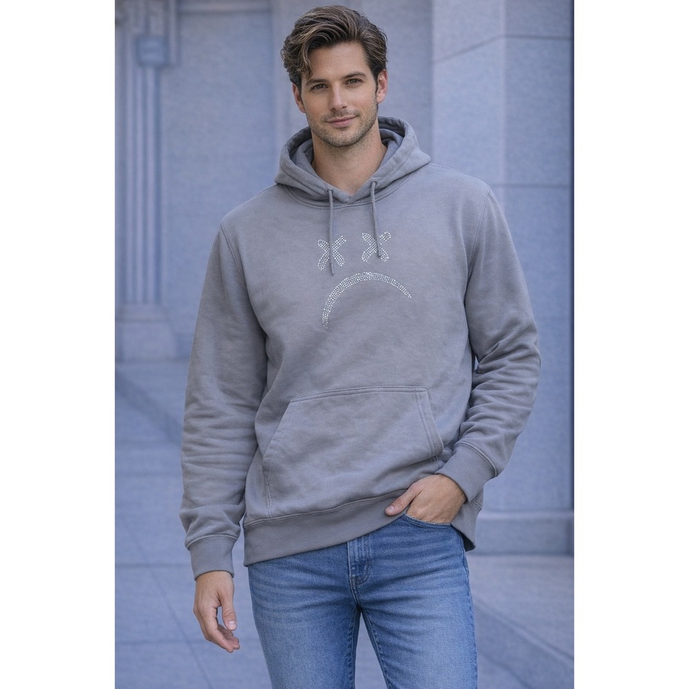 OhThatSucked We All Die Grey Rhinestone Sad Face Hoodie Streetwear Mens M
